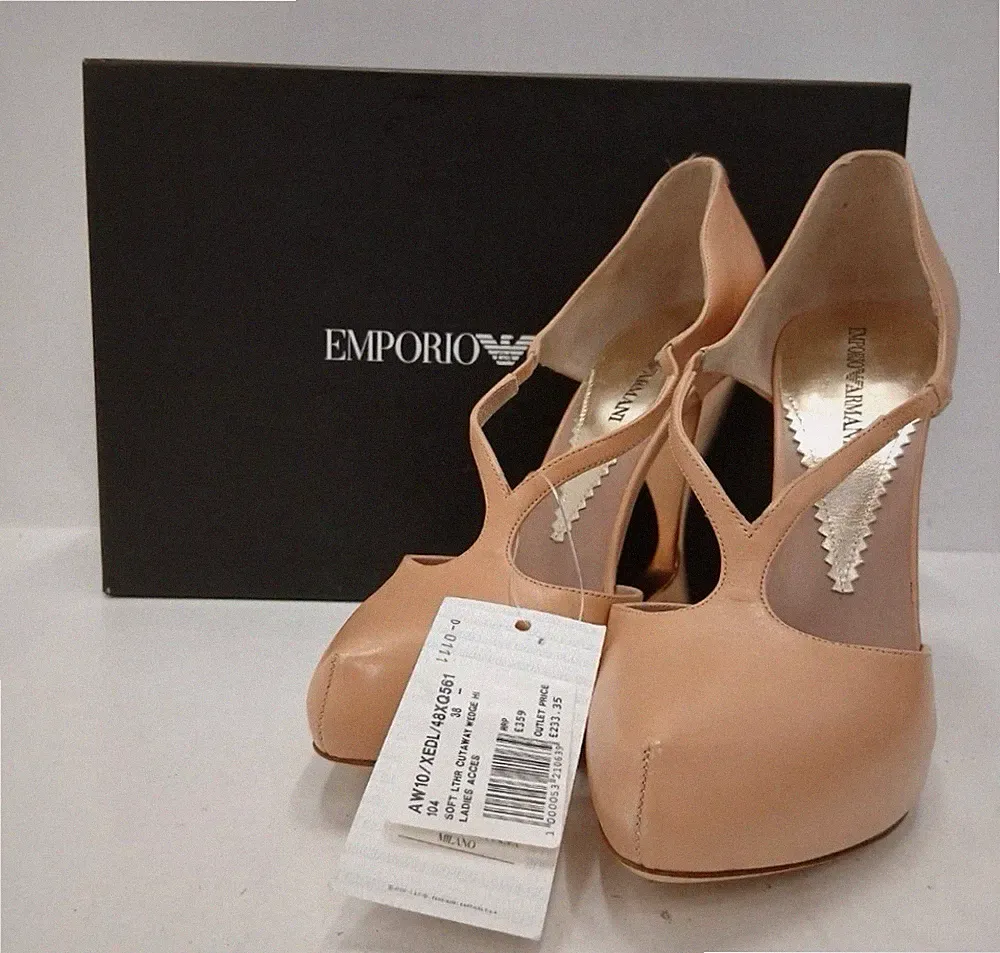 Emporio Armani Beige Cutaway Keilabsatz Leder Schuhe Größe UK5 EU 38 Brandneu