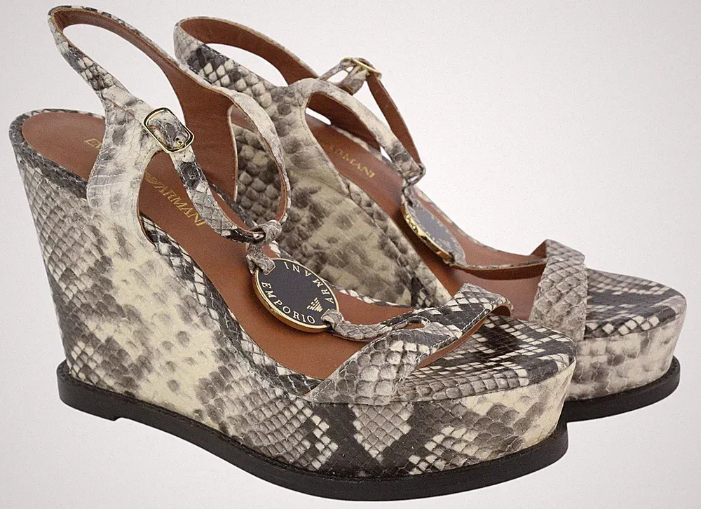 EMPORIO ARMANI Damen Leder Sandalen Schlangenmuster EU37 Plateau Absatz UVP288*