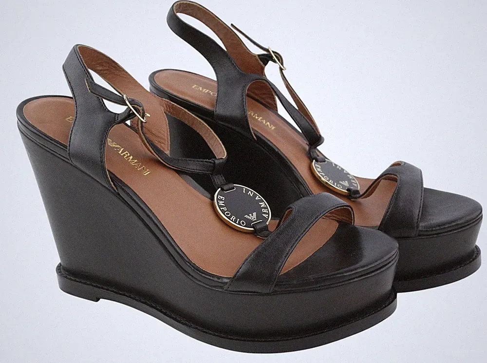 Emporio Armani Damen Sandalen EU37 Schwarz Leder Keilabsatz Plateau Logo Freizeit *