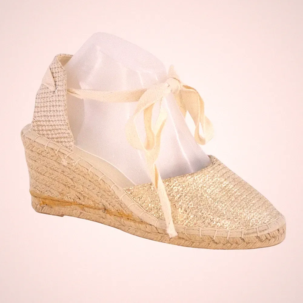Espadrille Keilabsatz Sandalen gold geschlossene Zehe Knöchelriemen Holiday Resort Gr. UK 5 NEU