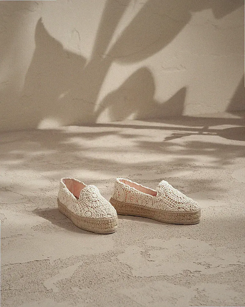 Espadrilles Double Sole Manebi 4cm Baumwolle gehäkelt Makramee Elfenbein