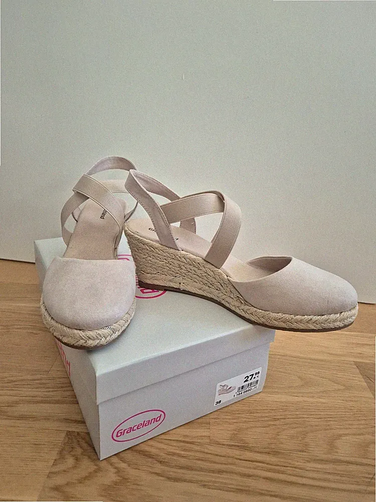 Espadrilles Keilabsatz Beige Silber Glitzer Veloursimitat 38 Neuwertig