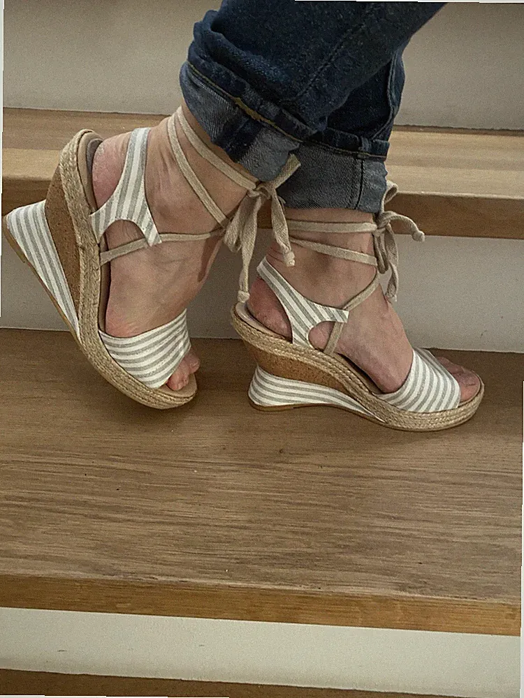 Espadrilles Keilabsatz Wedges Riemchen Sandalen Sandaletten Streifen Canvas 39