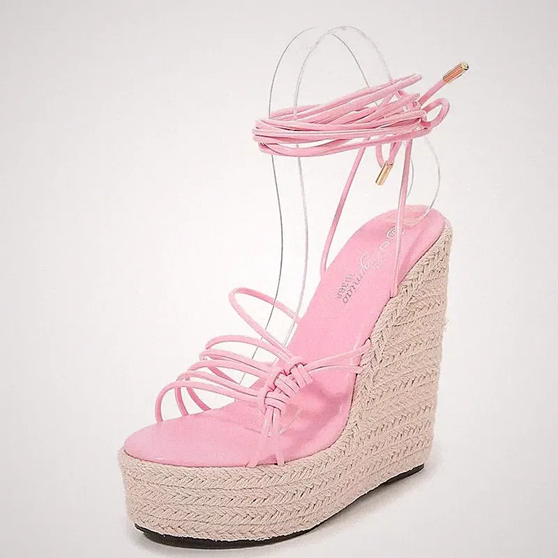 Espadrilles Plateau-Sandalen Rosa Keilabsatz Schnürung Kunstleder 49891
