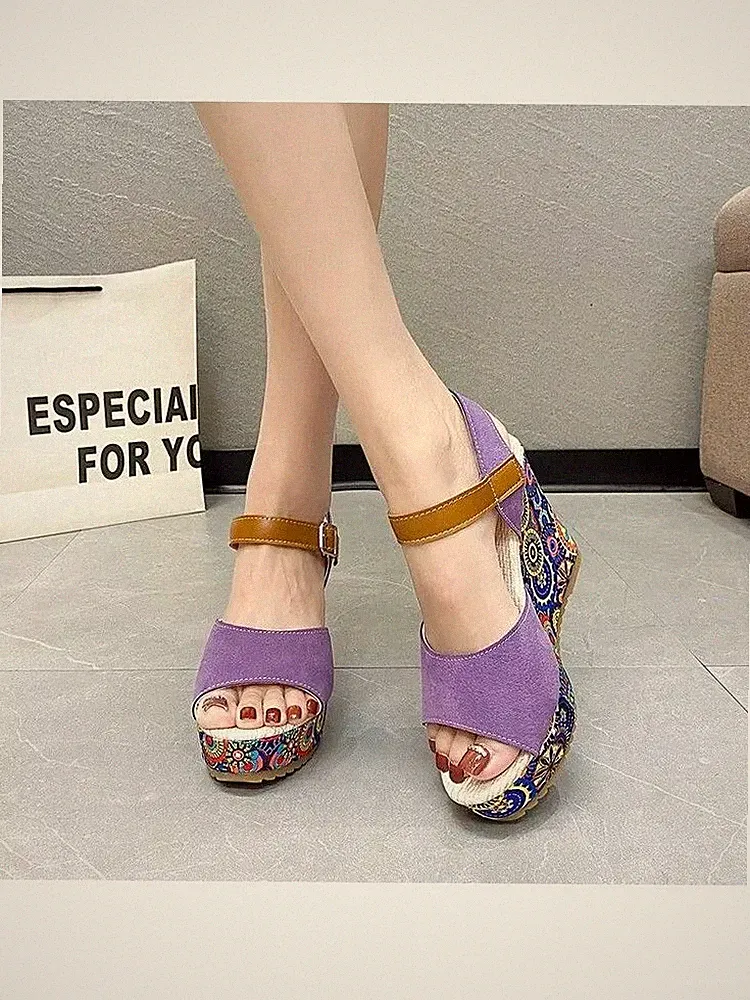 Espadrilles Sandalen Keilabsatz 10 cm Plateau Lila Bunt Kunstleder 71502