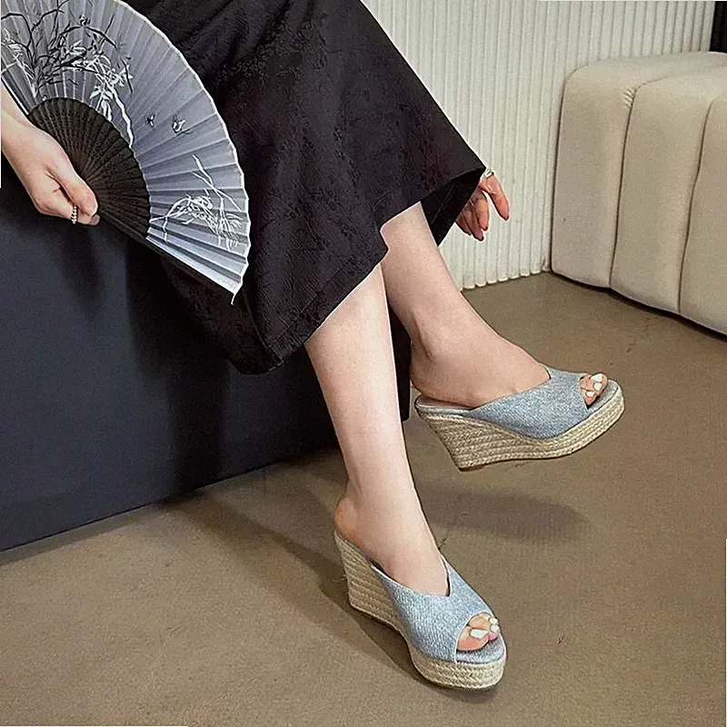 Espadrilles Sandalen Keilabsatz 10 cm Plateau Sabot Blau Kordel Kunstleder 10618