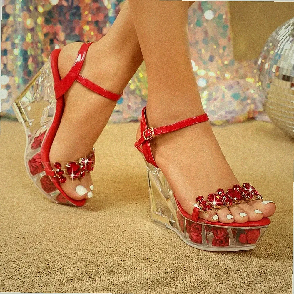 Espadrilles Sandalen Keilabsatz 11 cm Plateau Rot Transparent Kunstleder 02322