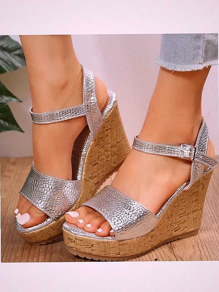 Espadrilles Sandalen Keilabsatz 11 cm Plateau Silber Kunstleder 40323