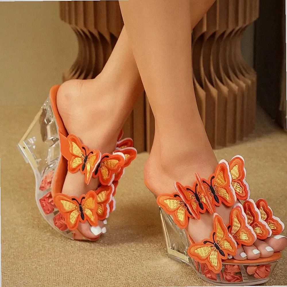 Espadrilles Sandalen Keilabsatz 11 cm Sabot Plateau Orange Kunstleder 83506