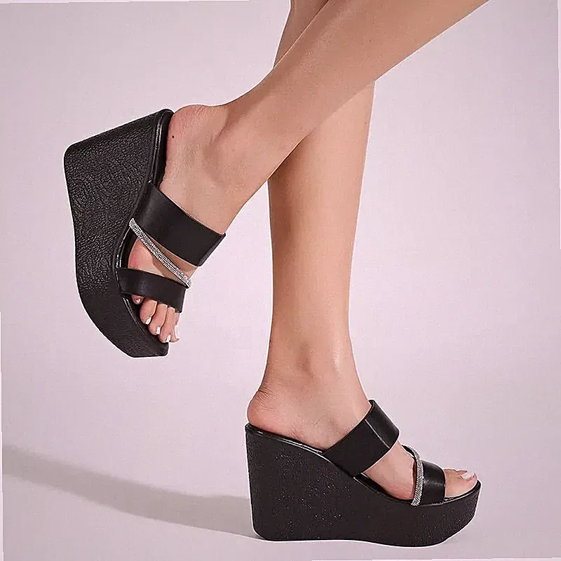 Espadrilles Sandalen Keilabsatz 11 cm Sabot Plateau schwarz Strass Kunstleder 87828