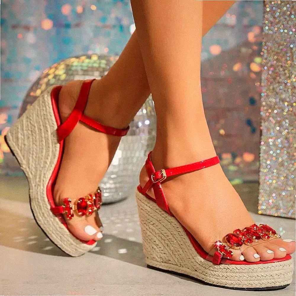 Espadrilles Sandalen Keilabsatz 12 cm Plateau Rot Beige Kunstleder 12032