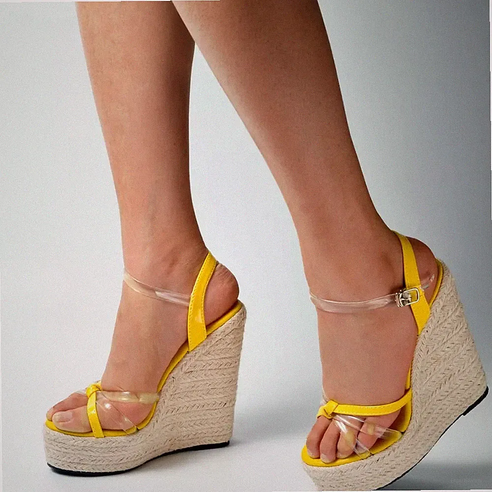 Espadrilles Sandalen Keilabsatz 12 Plateau Gelb Kordel Kunstleder 52005