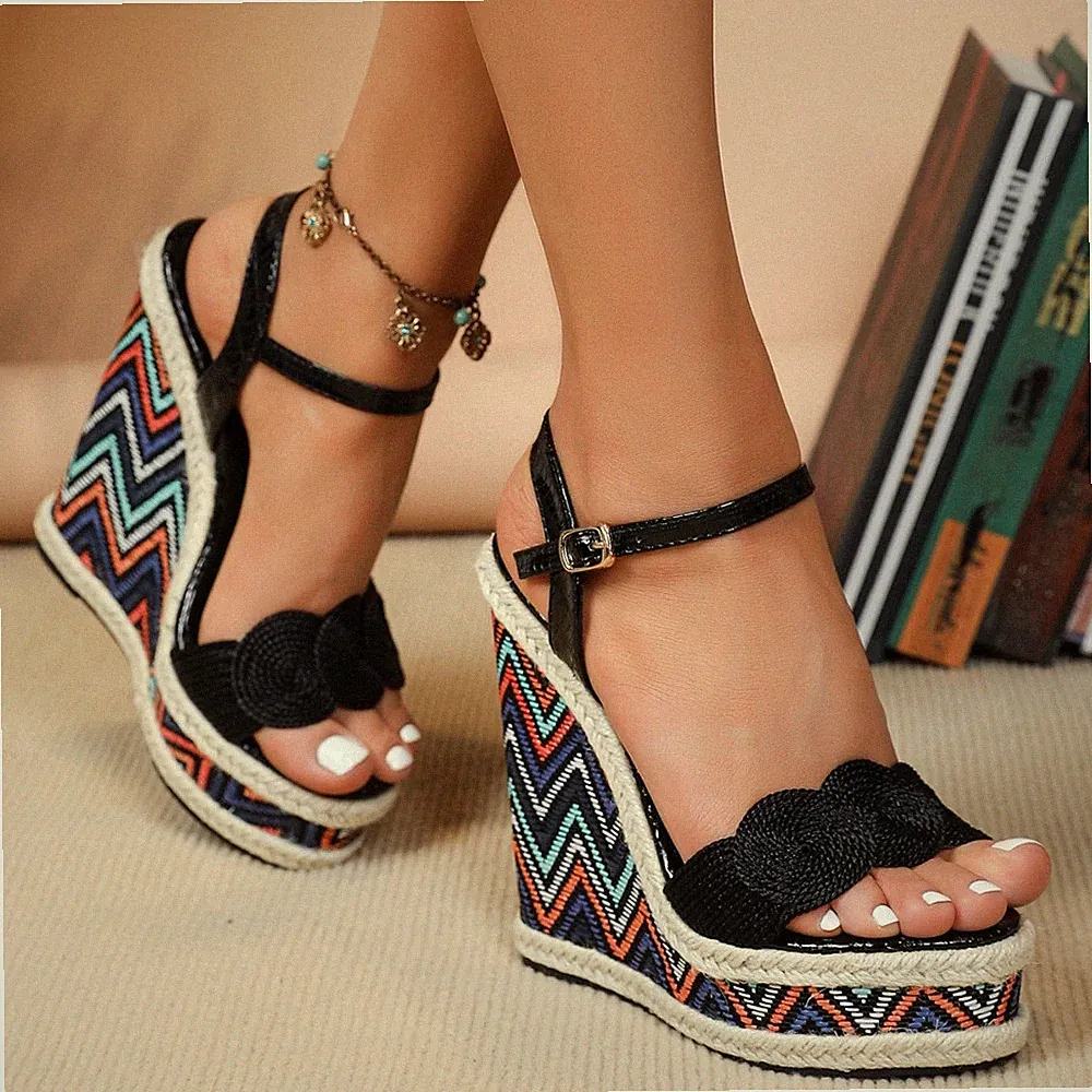 Espadrilles Sandalen Keilabsatz 14 cm Plateau schwarz Kunstleder 74286