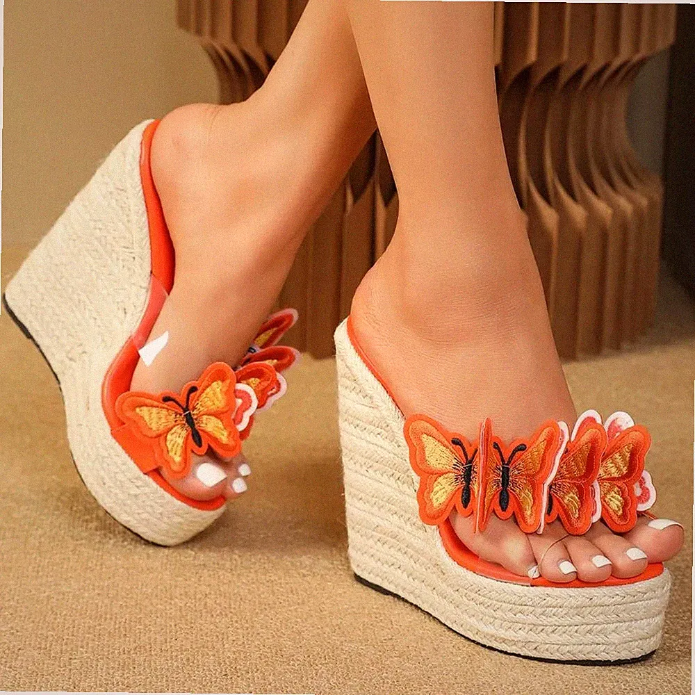 Espadrilles Sandalen Keilabsatz 14 cm Sabot Plateau Orange Kunstleder 83428