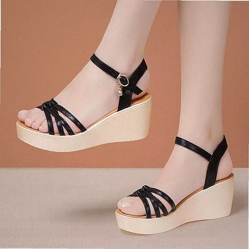 Espadrilles Sandalen Keilabsatz 6 cm Plateau schwarz Kunstleder 75246