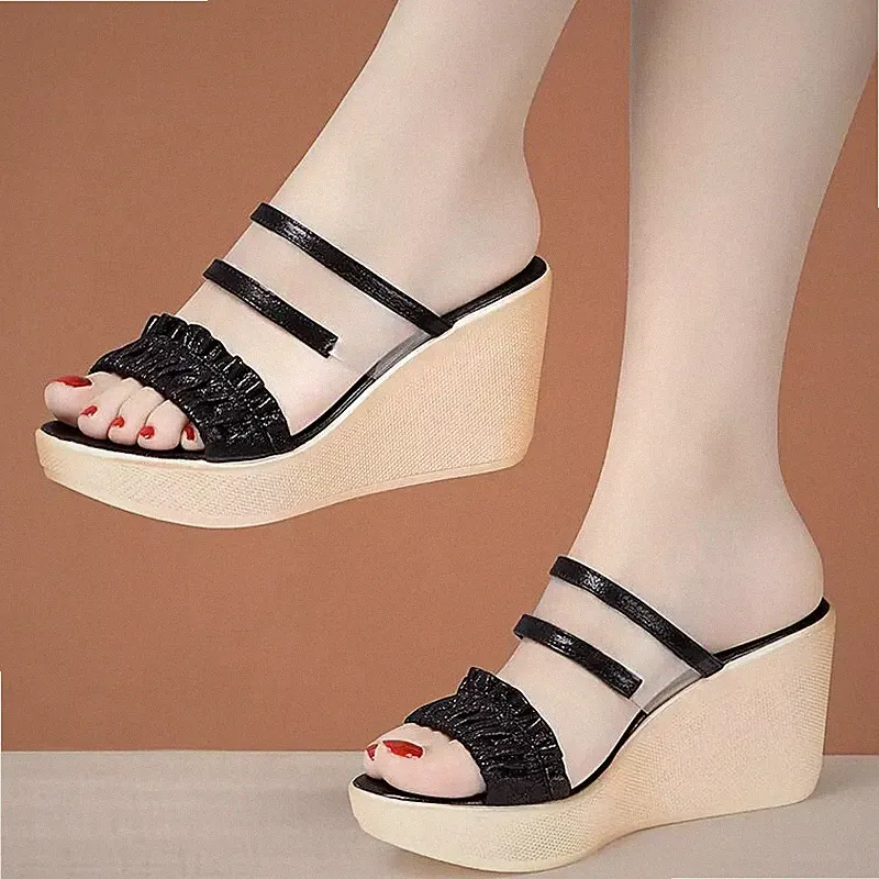 Espadrilles-Sandalen Keilabsatz 8 cm Sabot Plateau Schwarz Kordel-Synthetik