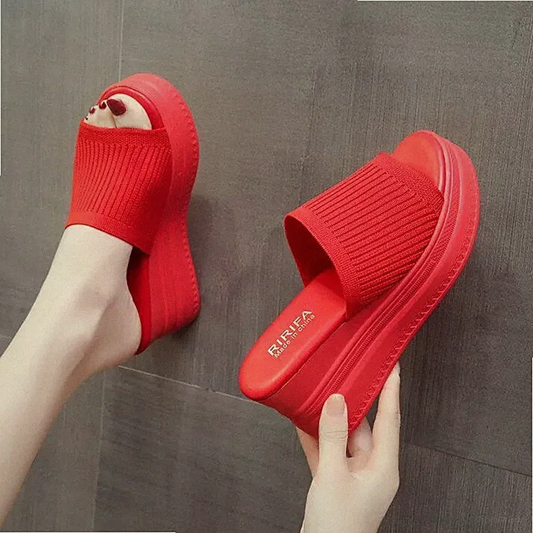 Espadrilles Sandalen Keilabsatz 9 cm Sabot Plateau Rot Bequem Kunstleder 08021