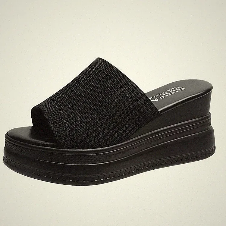 Espadrilles Sandalen Keilabsatz 9 cm Sabot Plateau schwarz bequem Kunstleder 08021