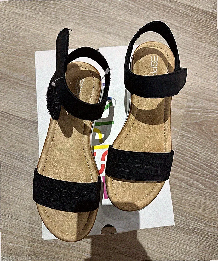Esprit Damen Sandalen Riemchen Kunstleder Schwarz/Beige Keilabsatz Plateau EU 38