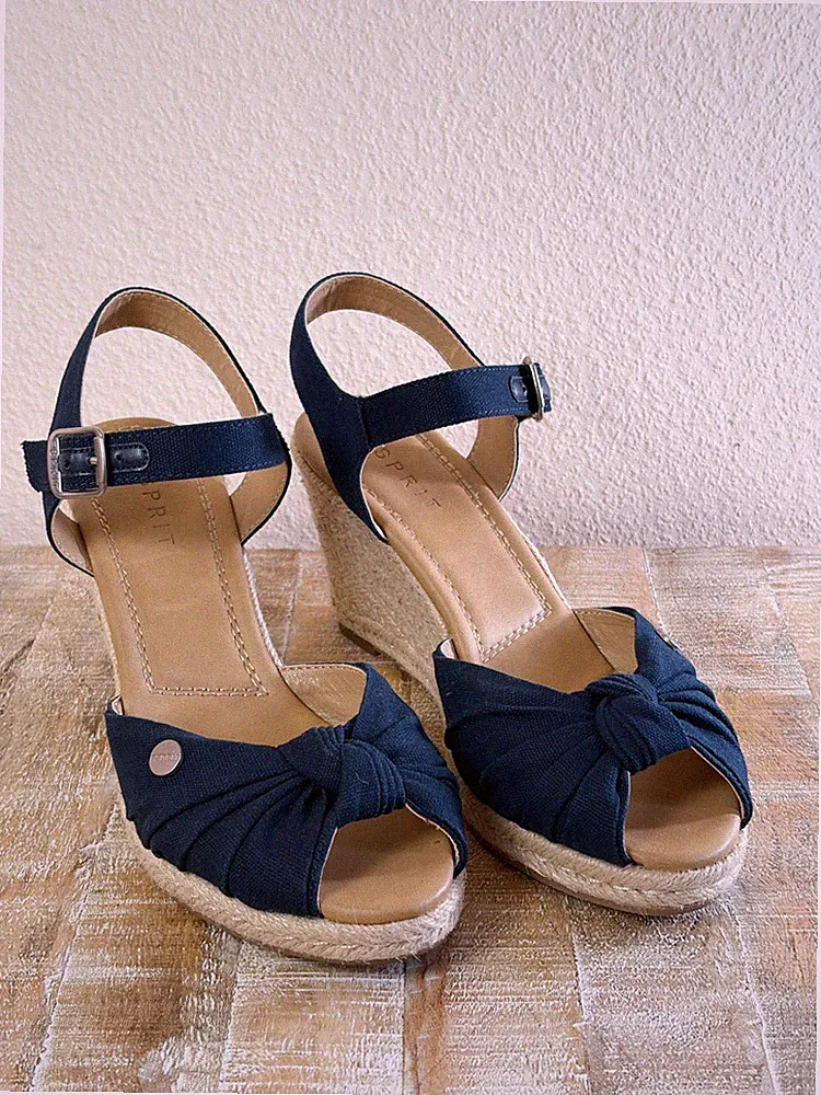 ESPRIT Keilsandaletten Damen 40 Navy Blau Canvas Riemen Schnalle Absatz 9 cm