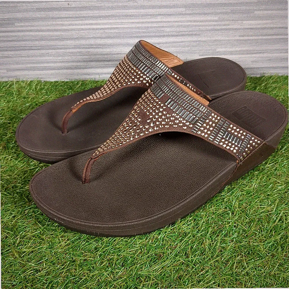 FitFlop Damen Keilabsatz Sandalen Größe UK 8 Aztek Chada Braun Leder Flipflops EU 42