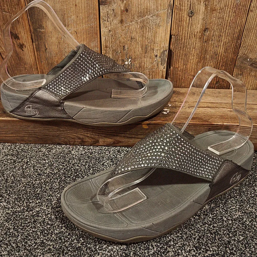 FitFlop Flare Pewter Grey Embellished Toe Post Sandals UK 6 EU 39 Strass