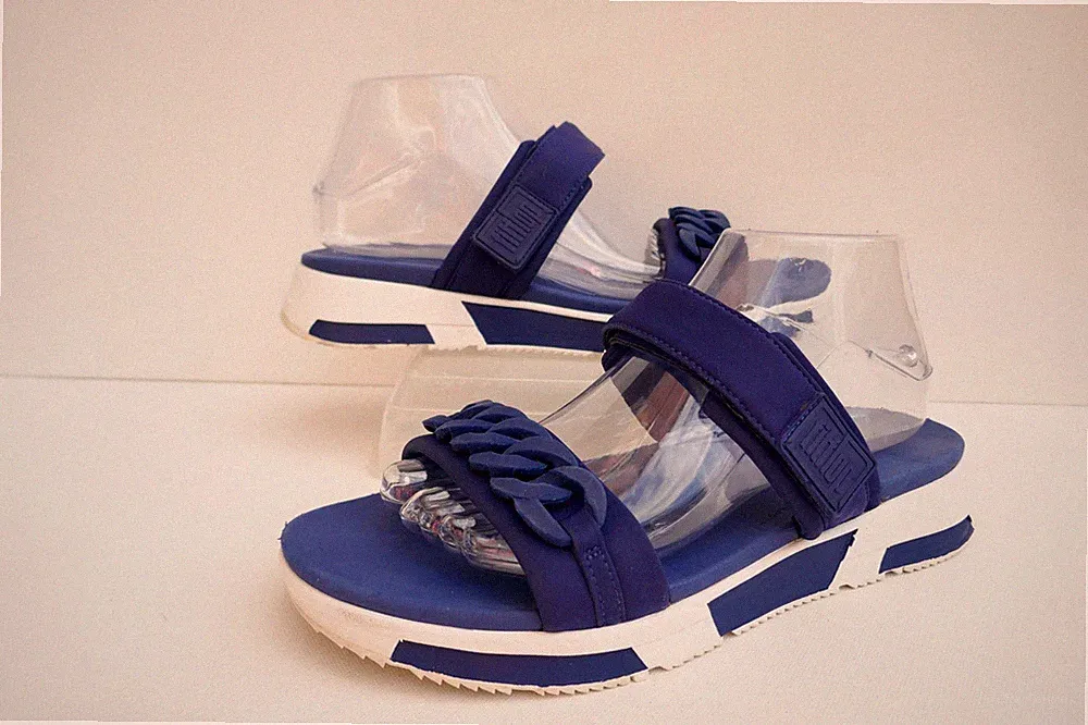 FITFLOP HEDA CHAIN SLIDE ELECTRIC BLUE NEOPREN TEXTIL RIPTAPE SANDALEN UK 7/41