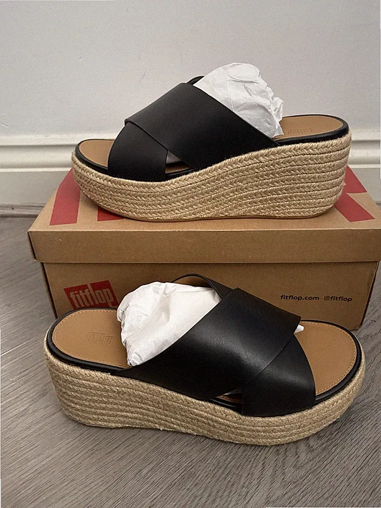 Fitflop Plateau Sandalen Gr. UK 6 schwarz Leder Cross Slides Keilabsatz Espadrille