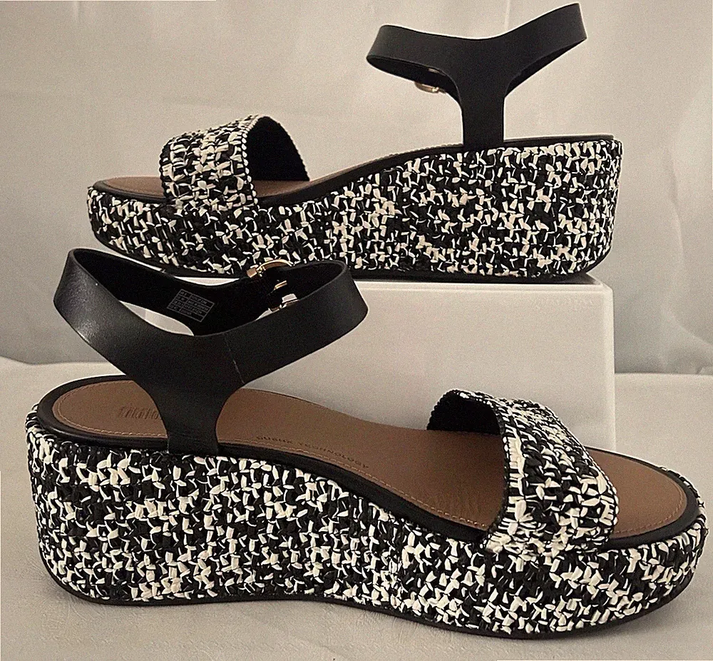 FitFlop Platfforms Damen-Plateausandalen gewebt Keilabsatz 8 UK Raffia- und Lederimitat