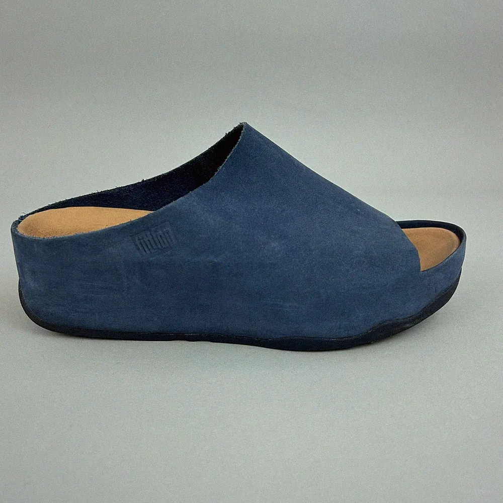 Fitflop Shuv Plateau Sandalen Gr. UK4 blau Nubukleder Keilabsatz offene Zehenpartie Schuhe