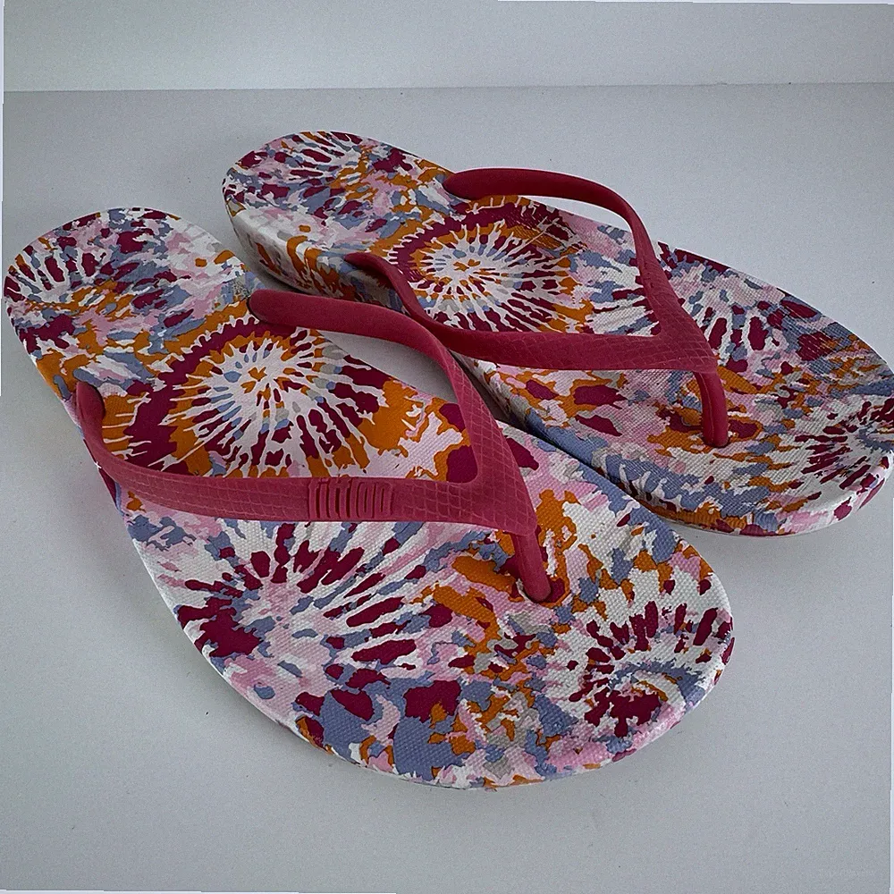 Fitflop Women 9 Iquishion Ergonomic Flip Flops Pink Orange Floral Slip On Sandal