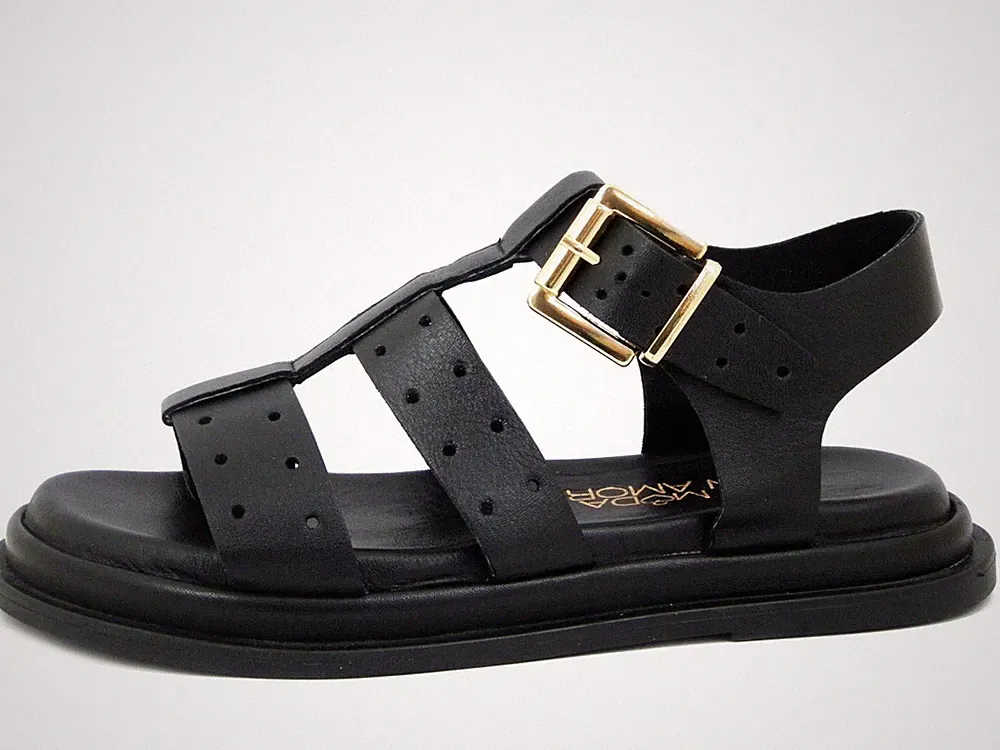 Flache Damen Sandalen aus weichem schwarzem Leder rutschfeste Sohle