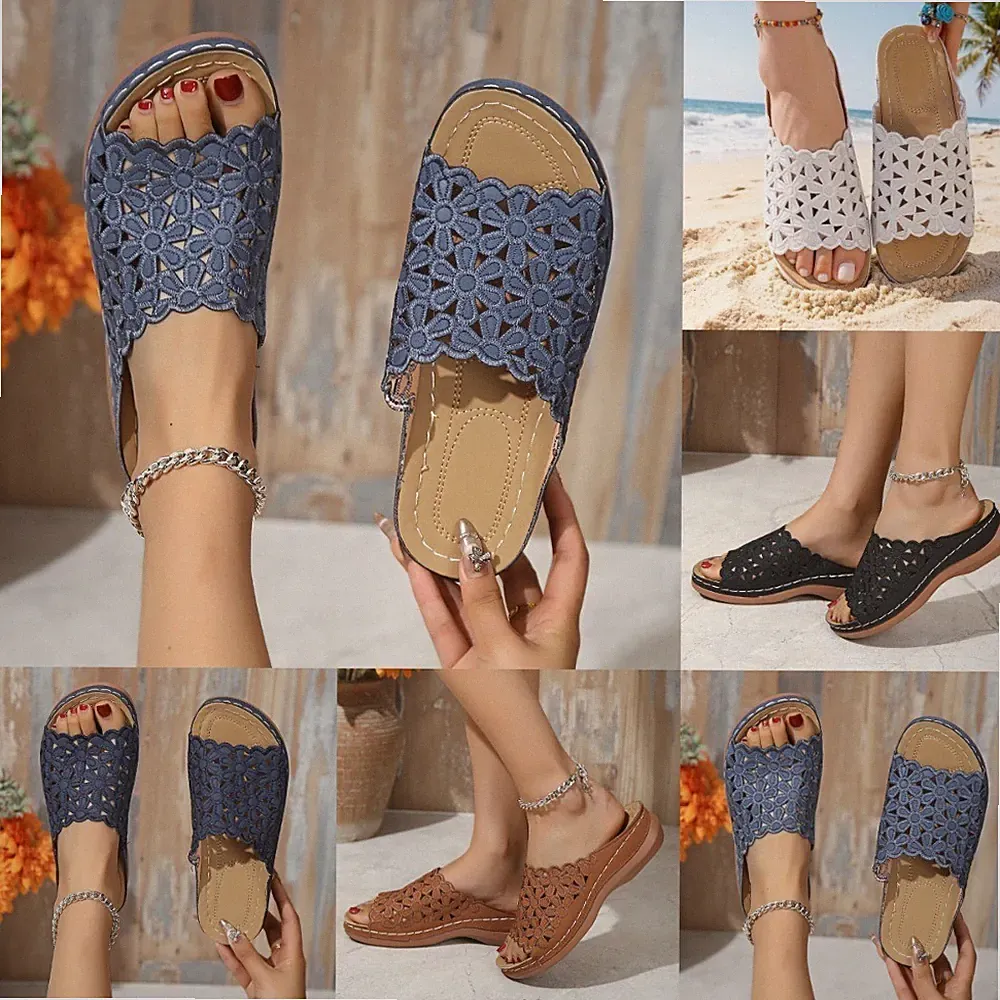Flache Damen-Sandalen Keilabsatz Freizeit-Hausschuhe Sommer Slipper Pantoletten