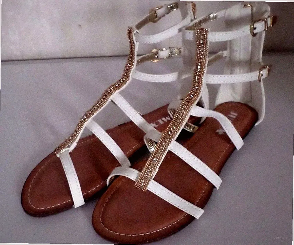 flache Sommerschuhe Damen Römer-Sandale Reißverschluss Weiß Jumex Gr.-38,5 NEU