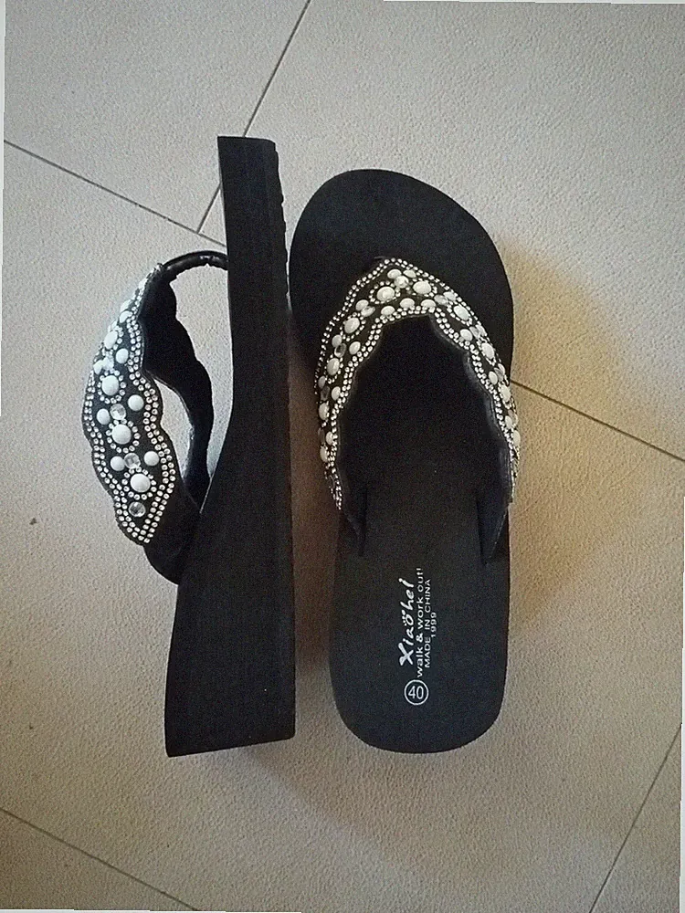 Flip Flop Keilabsatz Damenschuh Sommerschuh 40 Schwarz Perlen Strass Sandalen