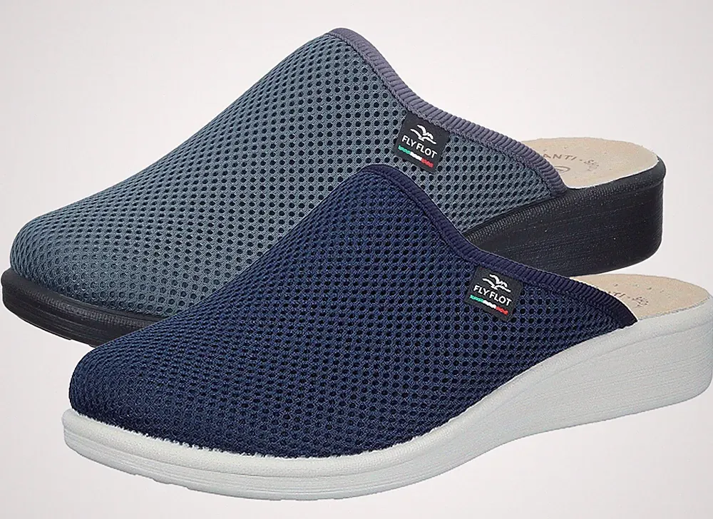 Fly Flot Damen Hausschuh Pantoffel luftig Mesh gepolsterte Decksohle Keilabsatz