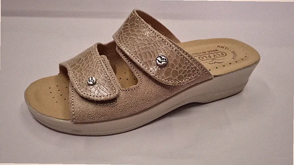 Fly Flot Damen Offene Clogs Beige Leder Kork-/Keilabsatz 4 cm Strappi 6009