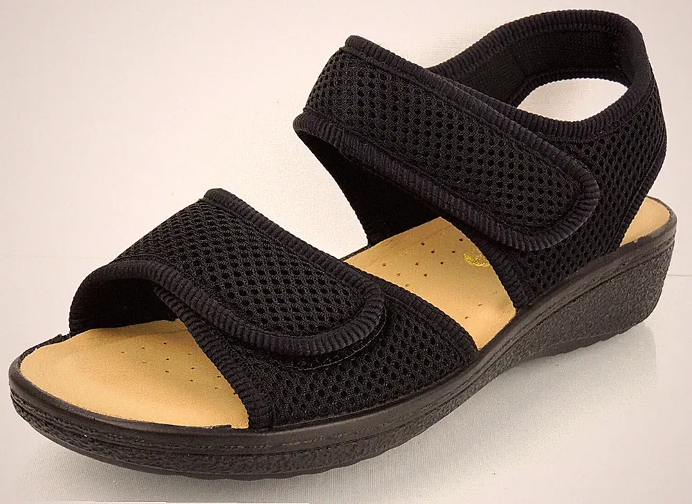 FLY FLOT Damen Sandale SUPERWEICH schwarz MESHGEWEBE Klett KEILSOHLE