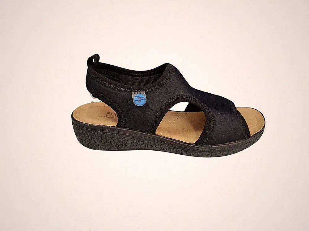 Fly Flot Sandale mit Keilabsatz und Gummiband, Damen (schwarz)
