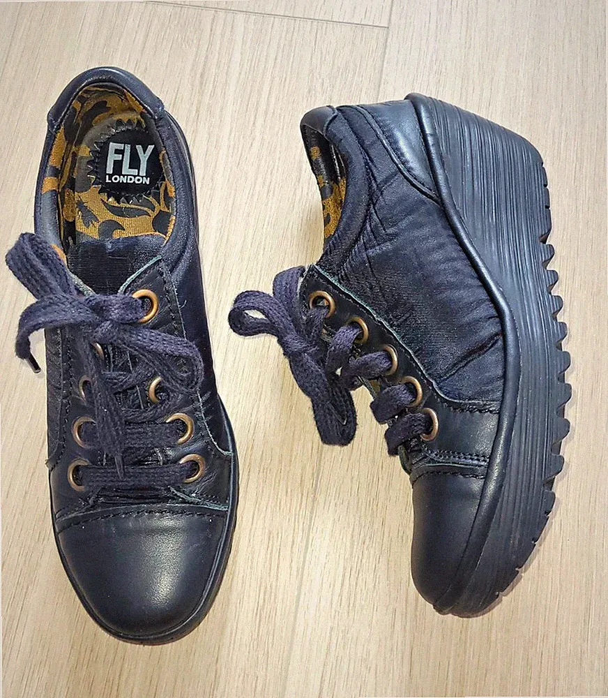FLY London 39 6 Sneaker Freizeitschuh Schwarz Schnürung Keilabsatz Halbschuh#137