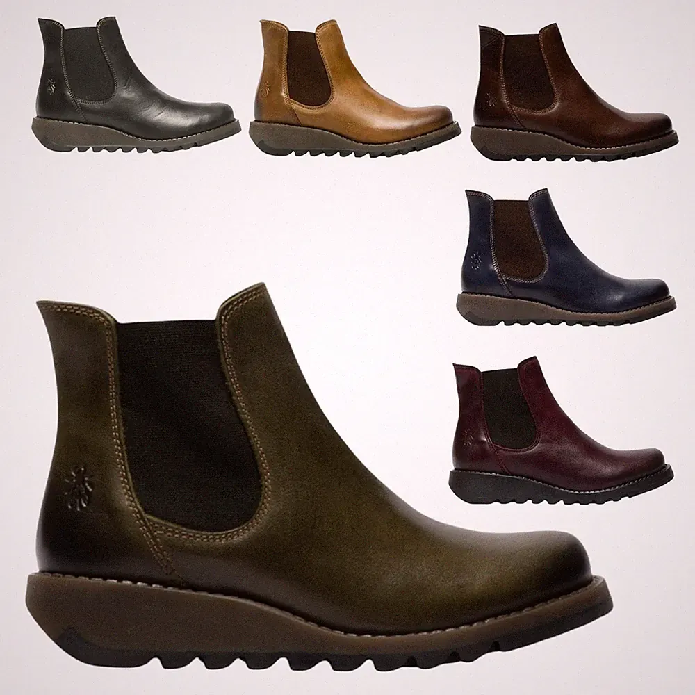 Fly London Damen SALV Chelsea Stiefeletten Leder Schnürlos Absatz Keilabsatz