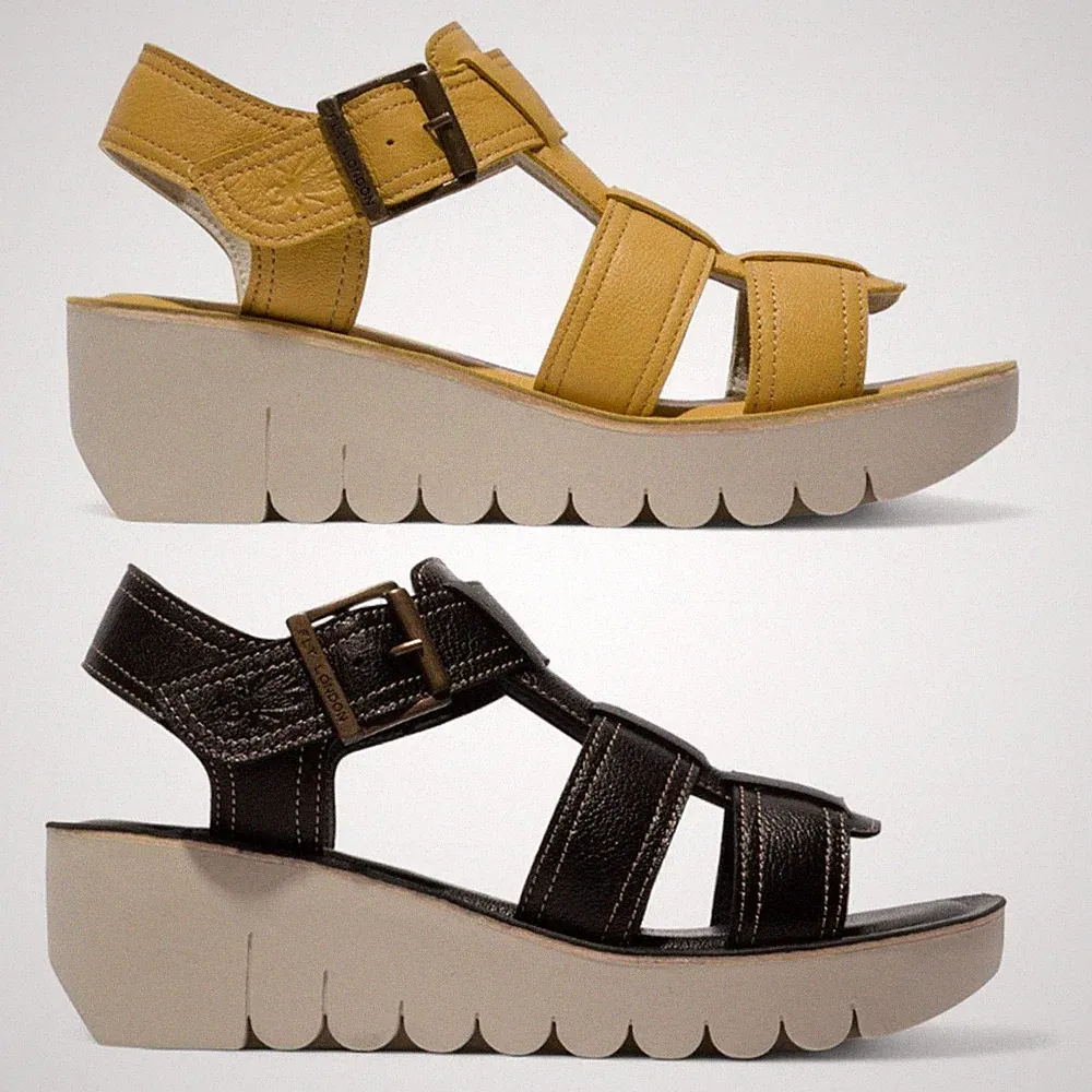 Fly London Damen Sandalen Espadrille Keilabsatz Leder Mousse Plateau