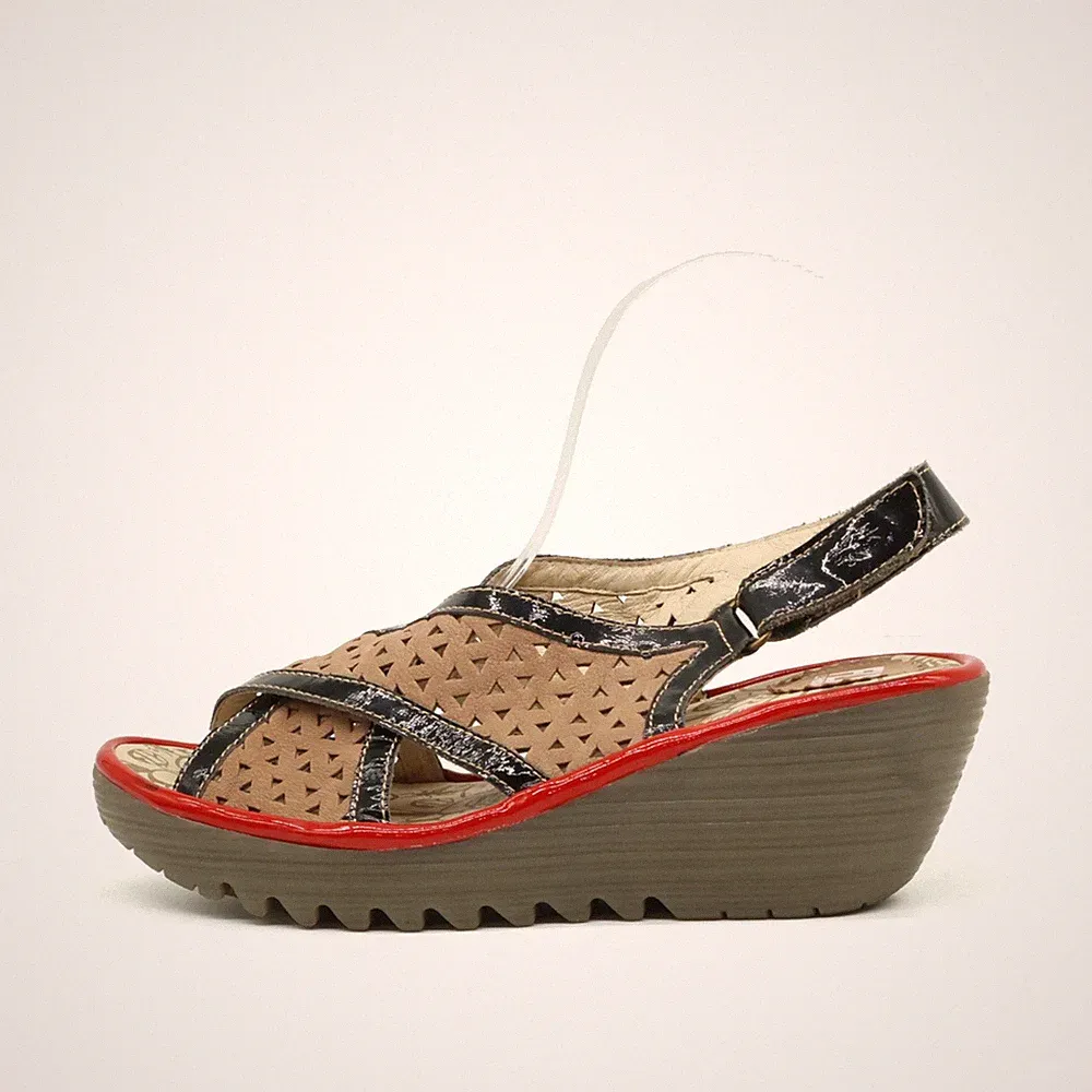 Fly London Damen Sandalen EU 39 Y7005 Beige Schwarz Rot