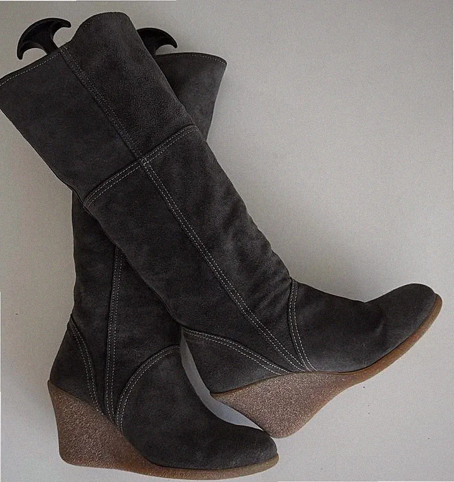 Fly London Damen Stiefel Gr. 39 Wildleder Grau Keilabsatz stilvoll