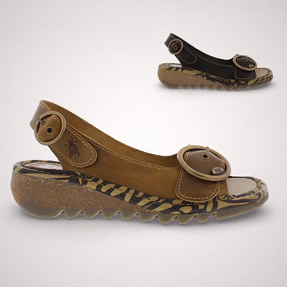 Fly London Damen TRAM723FLY Leder Keil Absatz Sandalen Slip-On Komfort