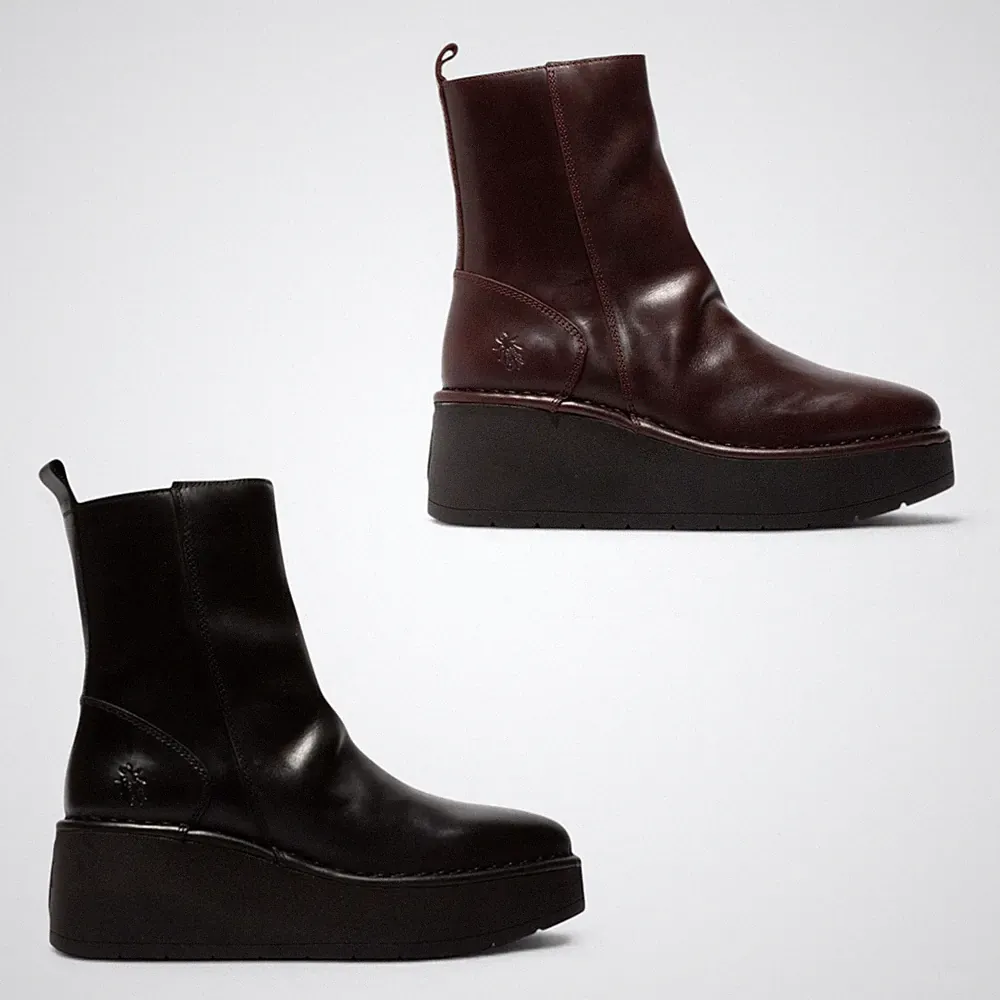 Fly London HEIJ272 Damen Leder Reißverschluss Keilabsatz Plateau Stiefeletten
