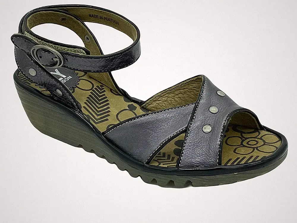 FLY London ONEY Wedges Sandalen Keilabsatz Fessel Riemen Schwarz Silber Leder