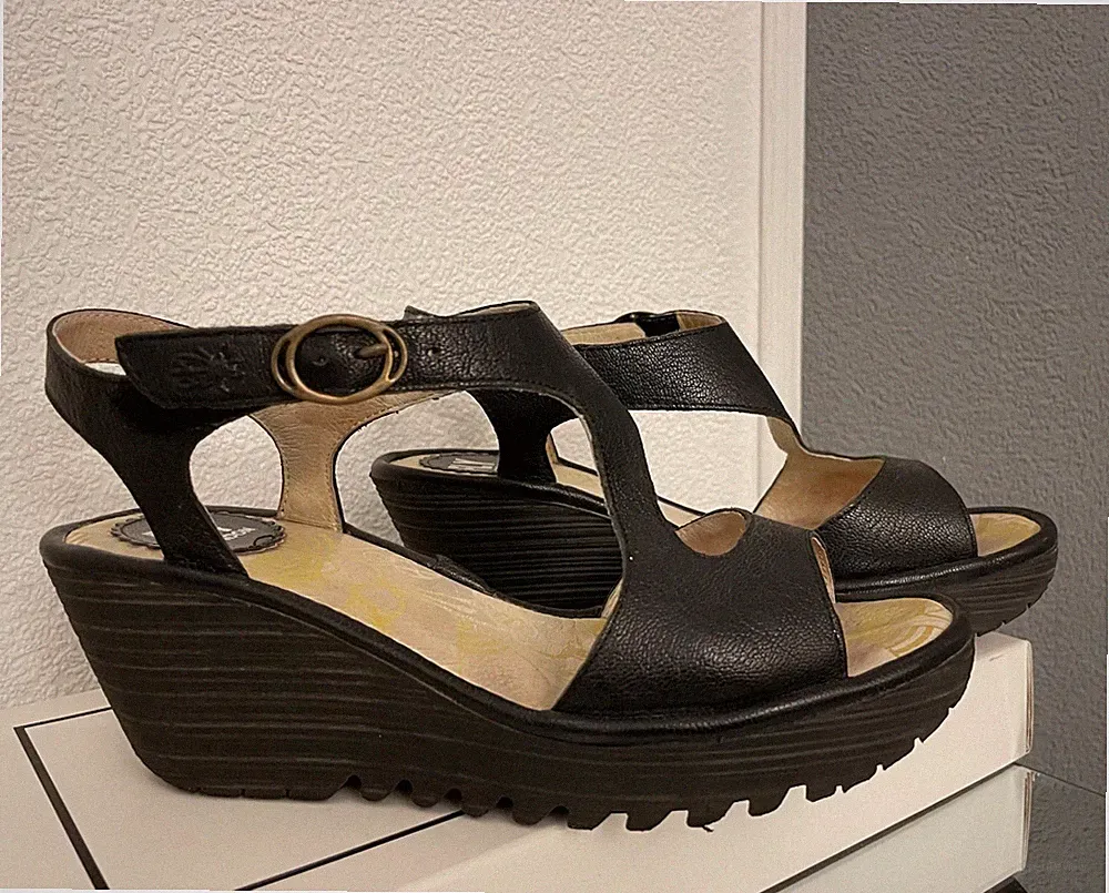 Fly London Sandalen Keil Plateau Sandalette Damen Wedge Schuhe Schwarz Black 37