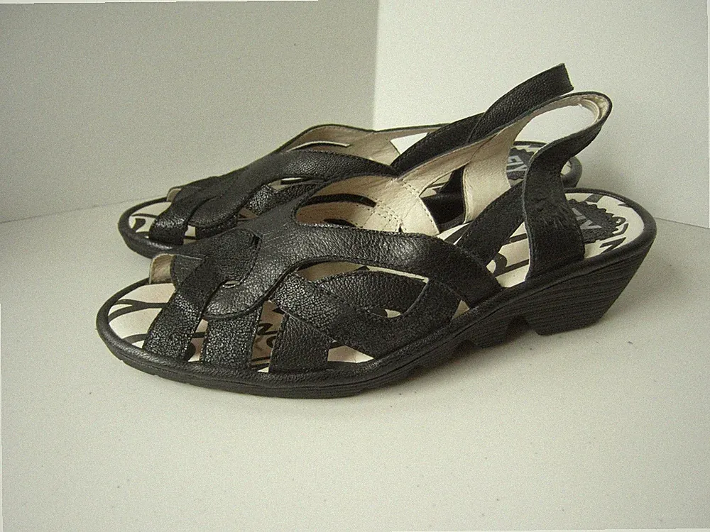 Fly London Sandals Womens 37 Black Platform Wedge Sling Back Leather Shoes