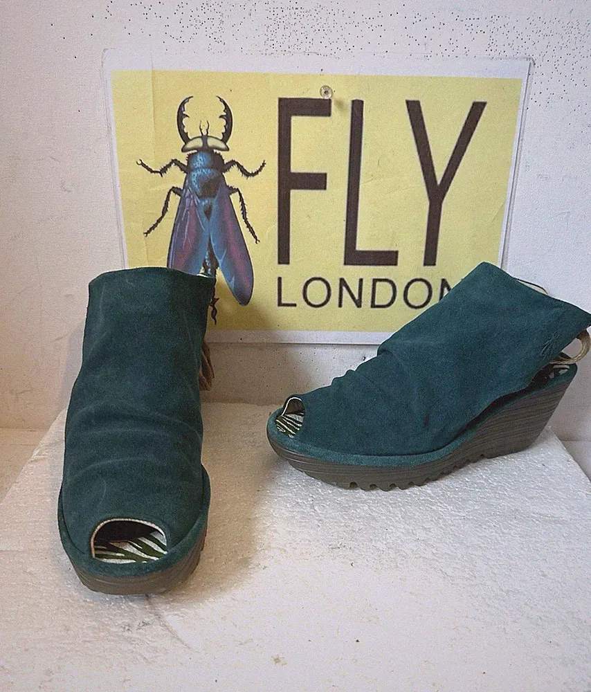 Fly London Wedges Teal Leder Sandalen Größe UK 4 EU 37